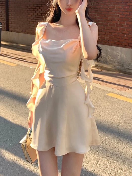 Elegant Sleeveless Satin Mini Dress Women 2023 Summer Korean Short Design Spaghetti Strap Vintage Fairy Sweet Female Clothing - Seprincess