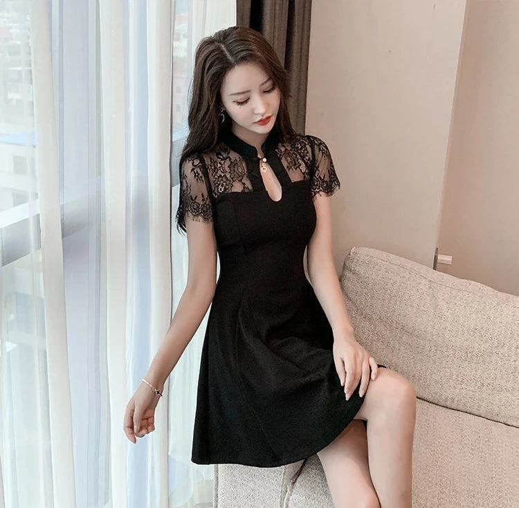 Women's Summer Lace Dress Tulle Cheongsam Dresses for Women 2023 Black Party Prom New Silk Transparent Korean Fashion Vintage - Seprincess