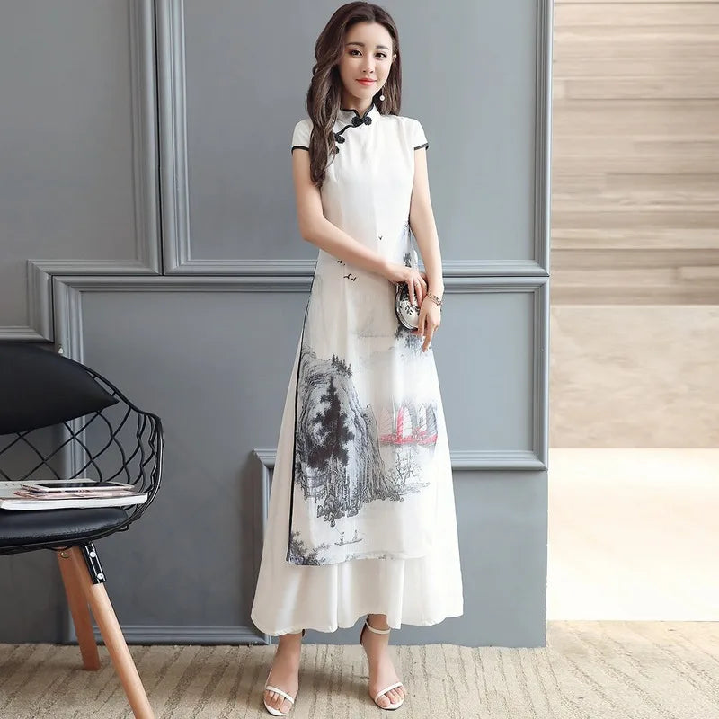 Women Chinese Traditional Hanfu Landscape Painting Cheongsam White Dance Dress Qipao Chiffon Robe Vintage Chinese Style Dresses - Seprincess