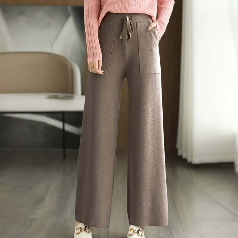 Women's Merino Wool Knitted Pants Office Lady Simple High Waist Straights Trousers Cashmere Wool Autumn Winter Thick Knitwear