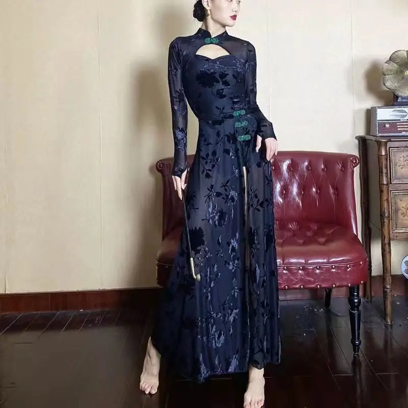 Black Chinese Elegant Dress for Women Vintage Mandarin Collar Female Sexy High Split Long Sleeve Slim Qipao Classic Cheongsam - Seprincess