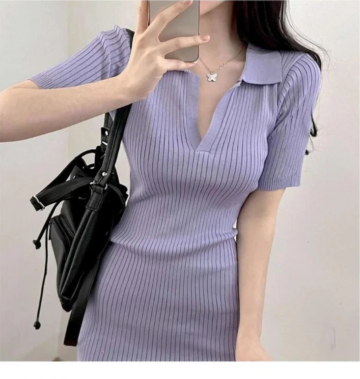 Summer Short Sleeve Dress Women Slim Knitting Female Clothes Streetwear Vacation Casual Soft Sweet Sexy Korea Fashion Dress 2024 - Seprincess