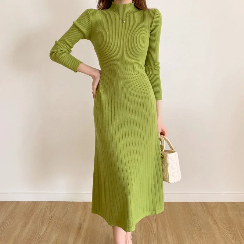 Autumn Winter 2024 Slim Long Sleeve Party Midi Dress for Women Knitted Half High Collar Elegant Knitted Sweater Dresses Ladies - Seprincess