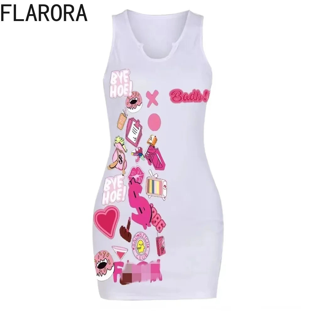 FLARORA Elegant Dresses for Woman 2024 New Woman Sleeveless Printing Bodycon Mini Dress Sexy Fitted Short Dress Y2k Streetwear - Seprincess