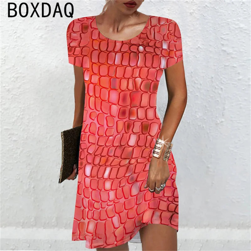 Women Short Sleeve O-Neck A-Line Mini Dress Sexy Snake Colorful Scale Pattern Printed Dress Large Size Lady Casual Sundress - Seprincess