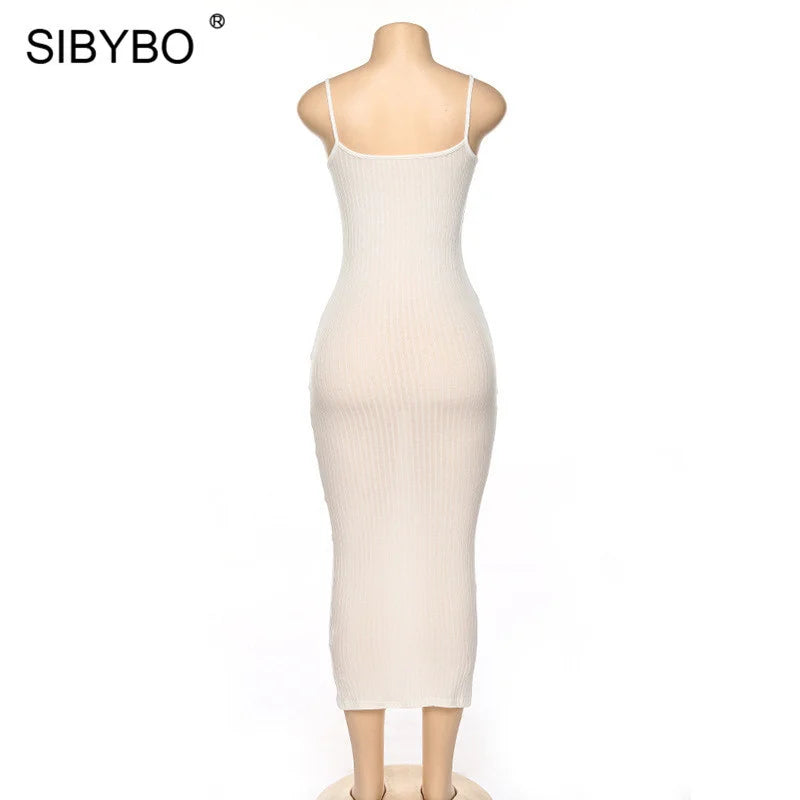 SIBYBO Ribbed Spaghetti Strap Cotton Dress Women Sleeveless O-Neck Summer Dress Solid Backless Long Party Dress - Seprincess