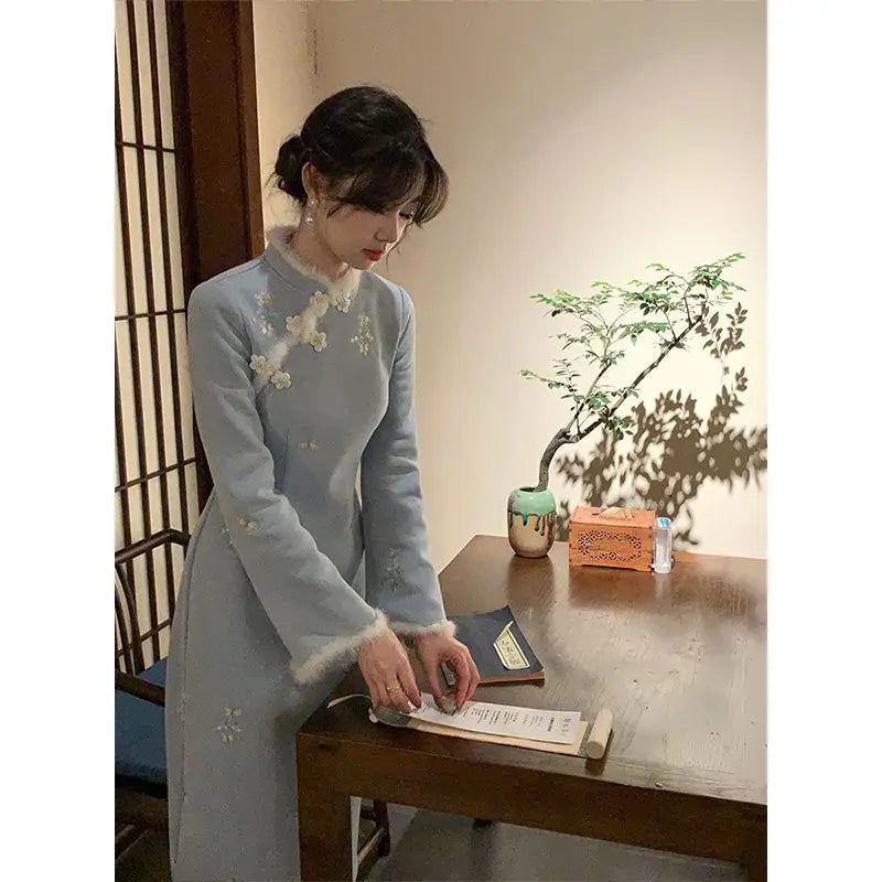 Chinese Traditional Qipao Dress Cheongsam Women's Clothing Autumn Winter Gentle Flower Temperament Elegant Embroidery Vintage - Seprincess