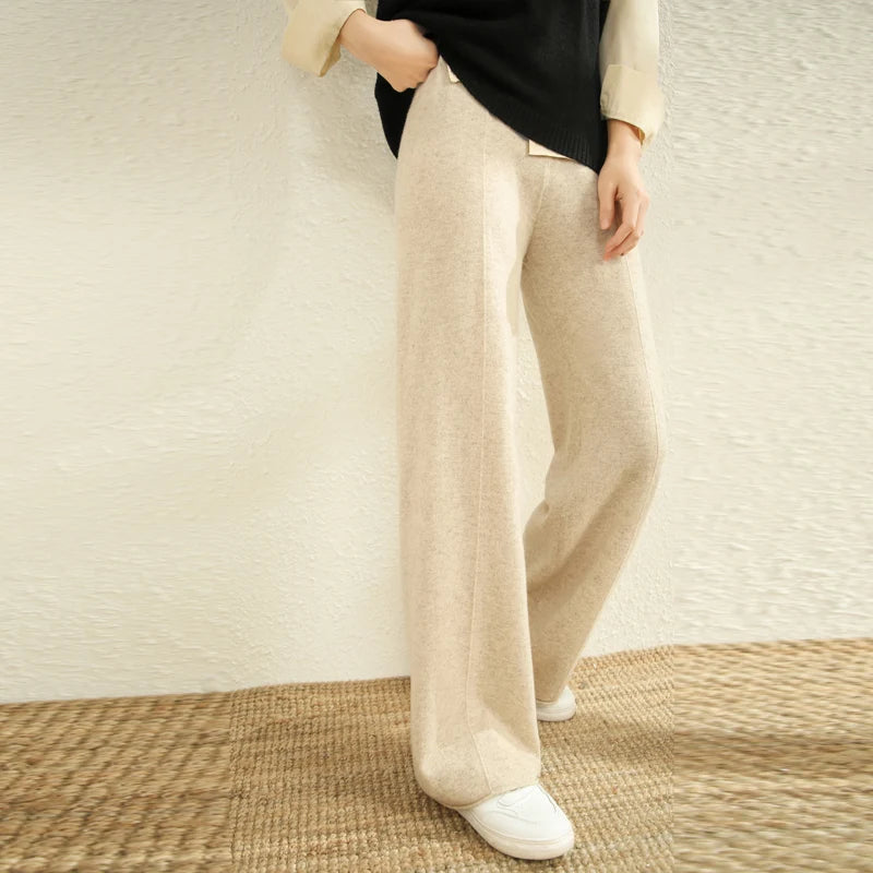 Autumn Winter New Women Wide-Leg Wool Pants 100% Merino Wool Quality Soft Elastic Waist Trousers Casual Knitted Popular Slacks