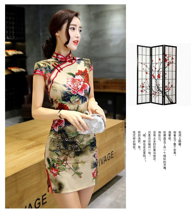 Traditional Chinese Dress Vintage Cheongsam Sexy Short Qipao Print Flower Women Rayon Dresses Classical Vintage Button Vestidos - Seprincess