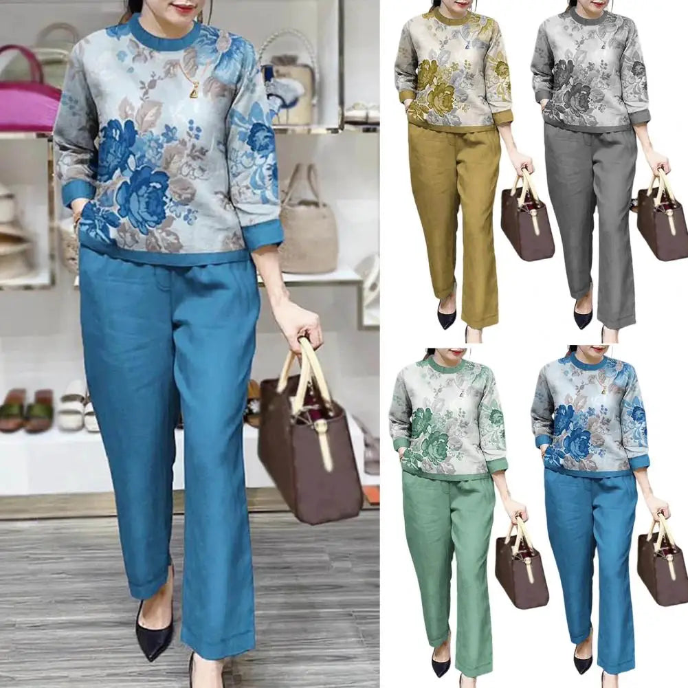 Fashion Women Loose Print Set Female Cotton Linen Outfits Commuter Elegant O-Neck Long Sleeve Tops Shirt And Straight Pants Suit - Seprincess