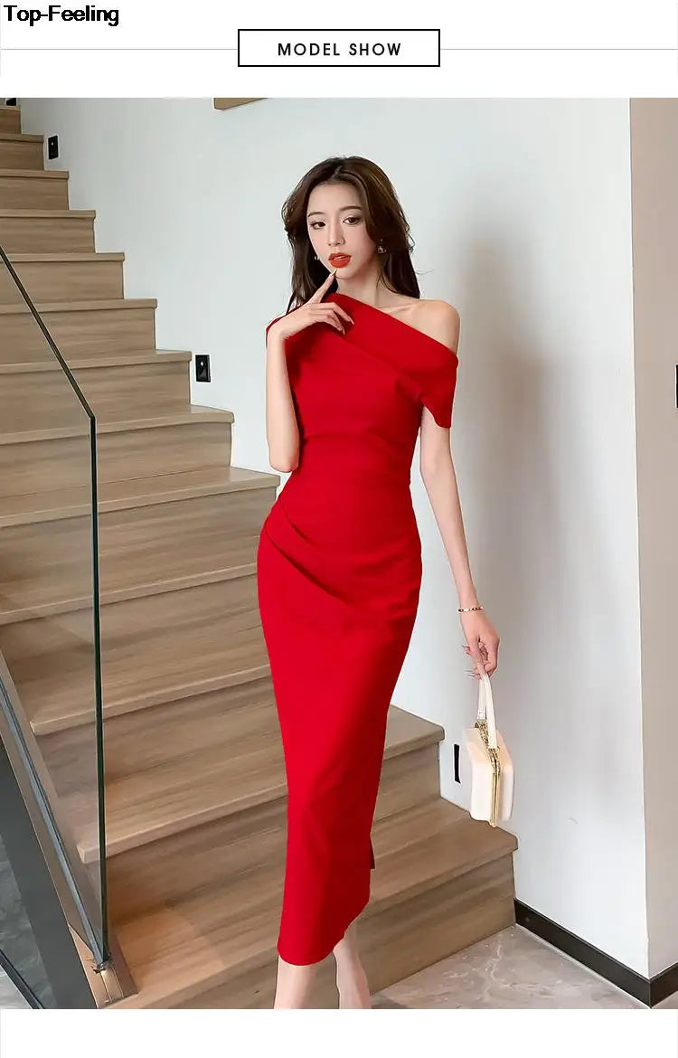 Elegant Off Shoulder Evening Party Dresses Women Summer Fashion Slim One Piece Solid Vestidos Korean Graduation Robe Clothing - Seprincess