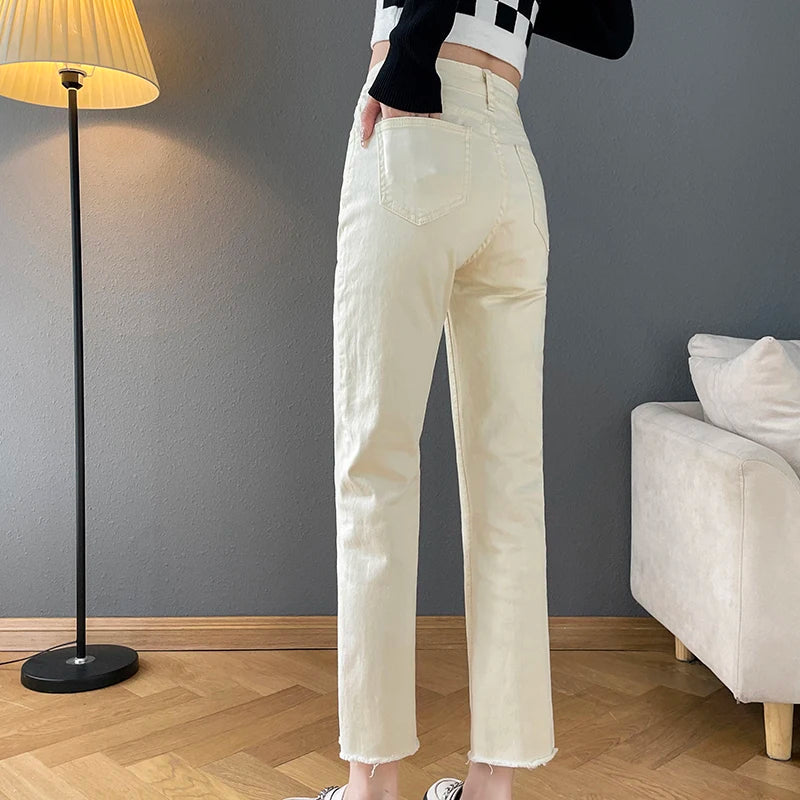 Rarely Hem Pants Spring High Waist Elastic Straight Barrel Jeans Women's Small Smoke Pipe