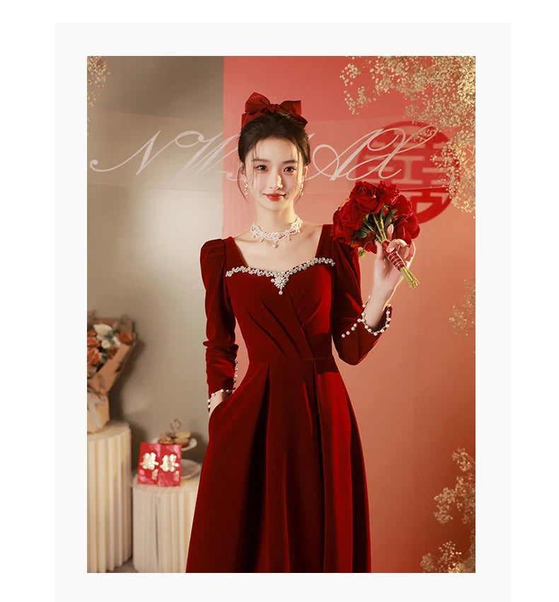 Burgundy Velvet Prom Dresses Square Collar Long Sleeve Pearl Crystal Long Engagement Dress Plus Size Female Formale Gowns - Seprincess