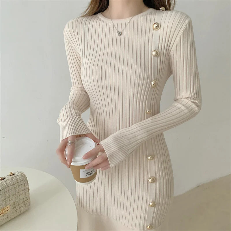 Autumn Warm Korean Fashion Woman Elegant Clothing Knitted Vintage Dresses Sweater Dress Femme Winter Vestido Feminino Thicken - Seprincess