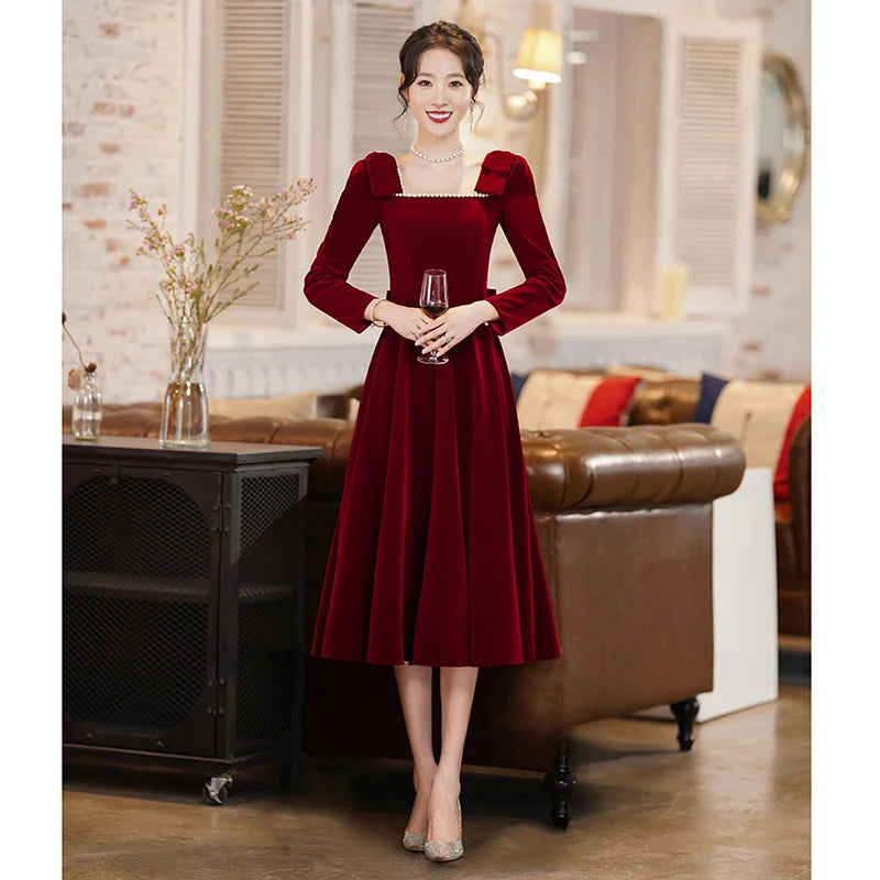 Burgundy Velvet Evening Dress Elegant Beaded Square Collar Engagement Dresses Temperament Bow Long Sleeve Formal Banquet Gown - Seprincess