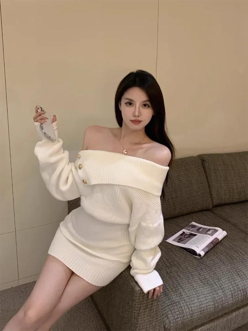 White Knitted Mini Dress Women Fashion Sexy Black Slash Neck Wrap Sweater Dresses Winter Korean Elegant Bodycon A Line Vestidos - Seprincess