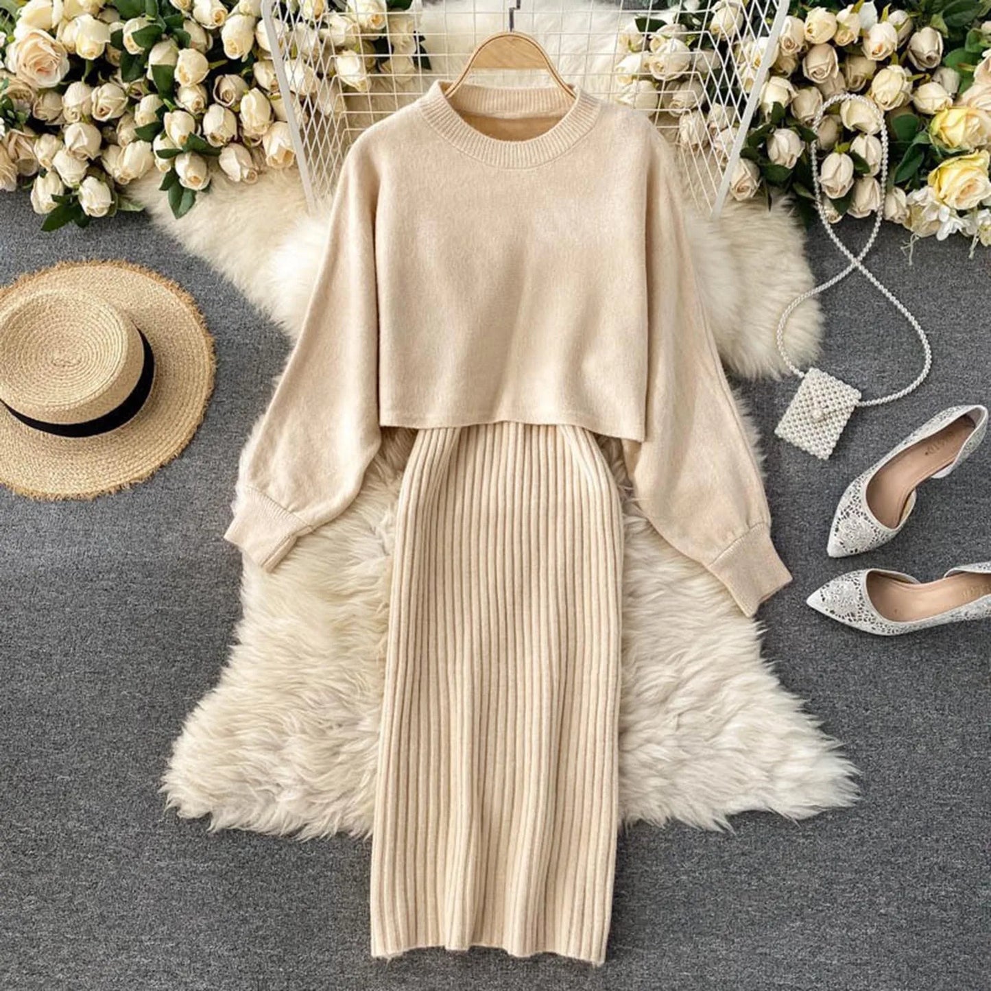 Women Autumn Winter Long Sleeve Knitted Solid Slim Elegance Tops Elastic Lazy Solid Color Knitted Dress Two Piece Dresses - Seprincess