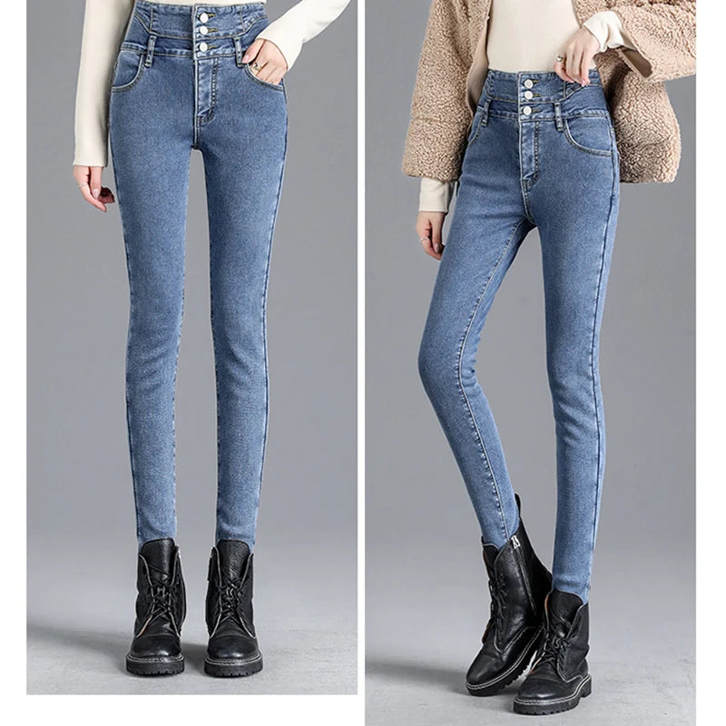 Winter Women Thick Velvet High Waist Skinny Jeans Simple Warm Fleece Slim Fit Stretch Trousers Casual Ladies Denim Pencil Pants