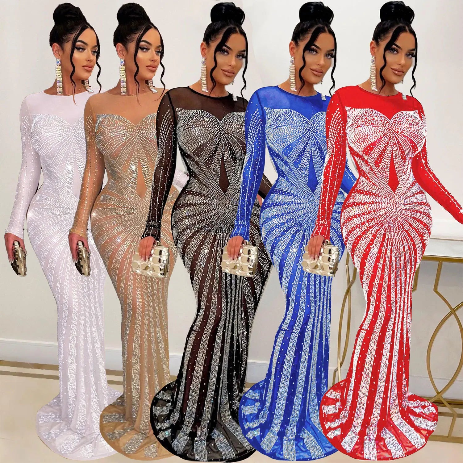 Sexy Rhinestone Crystal Mesh See Through Maxi Dress New Women Long Sleeve Birthday Night Clubwear Long Dress Wedding Party Dress - Seprincess