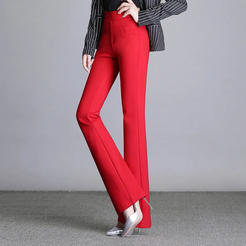 New Women's Autumn Spring Tight Flare Pants Red High Waist  Blue Elastic Band Trousers Fashion Casual Stretch Pants 6XL