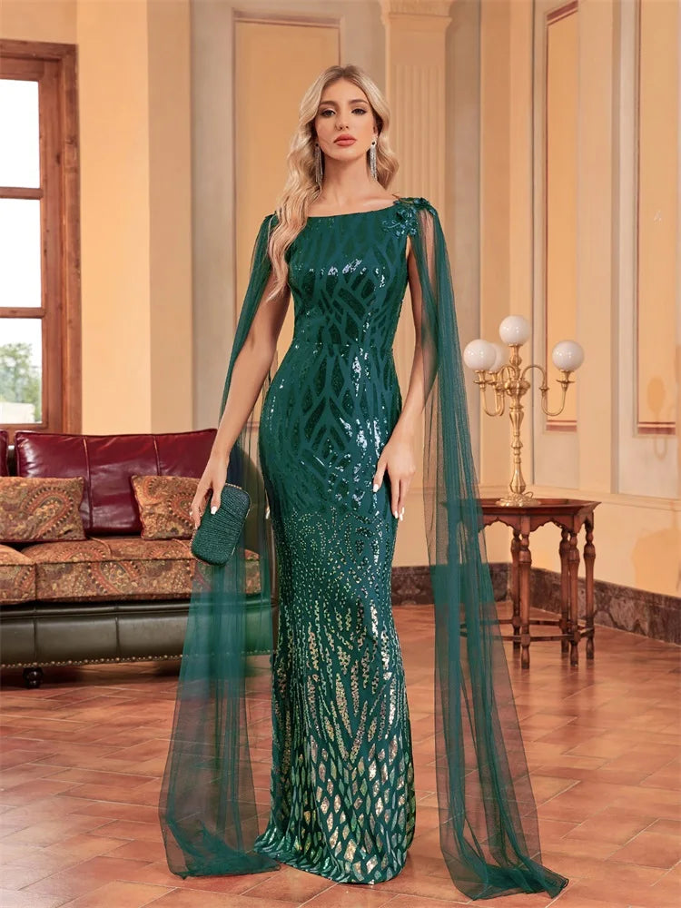 XUIBOL Luxury Arabia Long Sleeve Green Sequins Evening Dress Women 2024 Female Guests Wedding Party Floor-Length Cocktail Prom - Seprincess