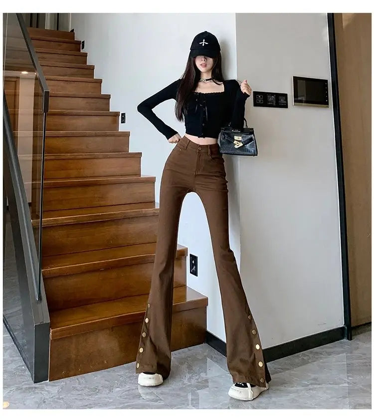 Micro-boot jeans brown buttoned design women's autumn and winter new high-waisted slim straight-leg floor mopping pants