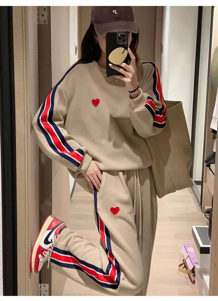 Autumn Cute Love Embroidery Pant Sets Two Pieces Tracksuits Khaki Side Striped Sweatshirt Women Girls Loose Sporty Korean Style - Seprincess