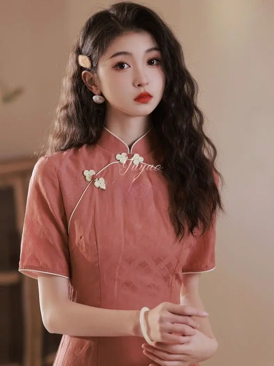 Women Red Cheongsam Summer Short Sleeve Vintage Dress Slim Daily Wear Elegant Chinese Traditional Short Qipao S To XXL - Seprincess