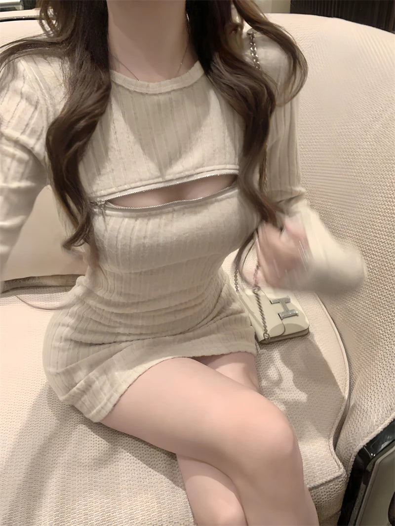 Sweet Hot Girl Zipper Hollowed Out Pit Stripe Dress for Women's Winter Sexy Slim Fit Hip Wrap Short Dress Fashion Female Clothes