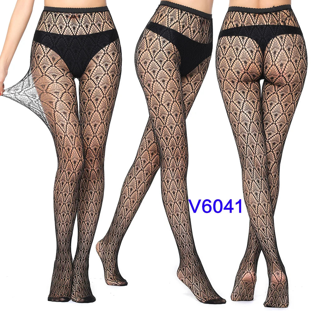 Women Sexy Fishnet Tights Jacquard Weave Seamless Pantyhose Yarns Garter Grid Fish Net Stockings Black Spider Gothic Lace Tights