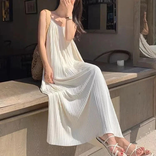 High-end Feel Crinkled Tank Dress For Women Summer French Sweet Style Loose-fit Dress Idle Style Solid Color Long - Seprincess