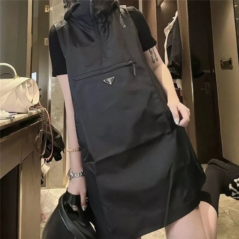 Spring Summer Hooded Waistcoat Dress Women 2024 New Fashion Loose Leisure Sleeveless Dress A Word Skirt Pure Colour 5XL Female - Seprincess