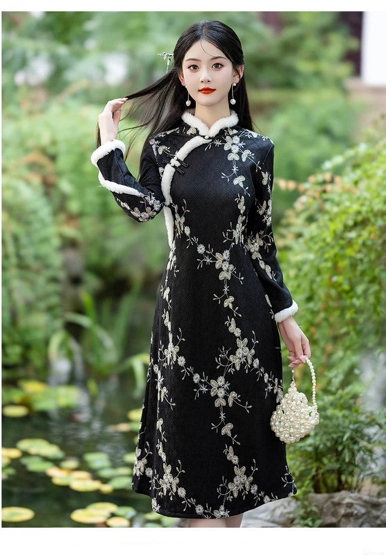 Fashion Chinese Style Traditional Fleece Thick Qipao Dress Winter New Printed Black Cheongsam for Women - Seprincess