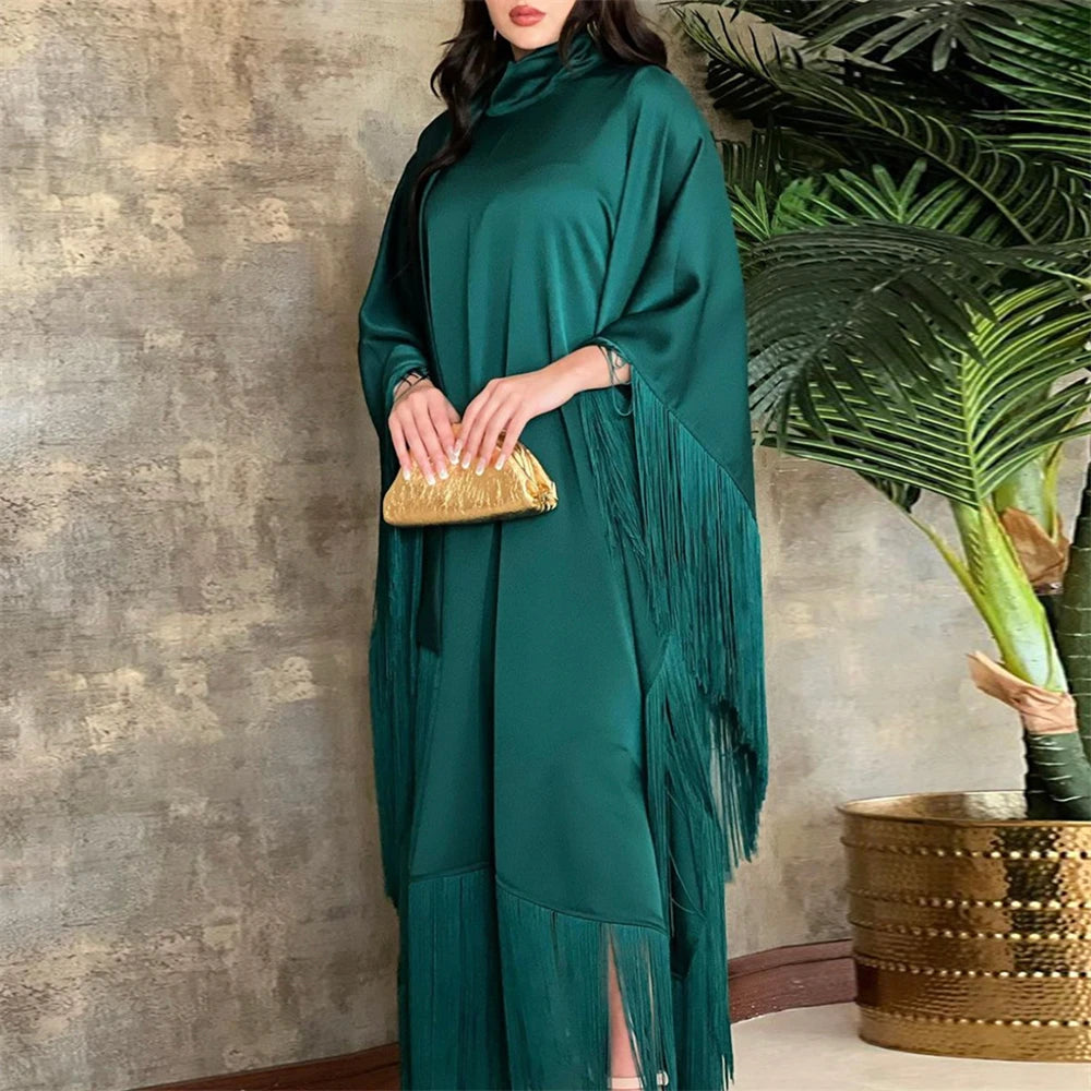 Eid Satin Luxury Green White Black Pink Khimar Tassel Butterfly Batwing Abaya For Women Islam Muslim Maxi Dress Kaftan Kebaya - Seprincess