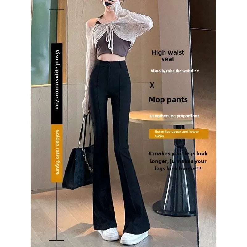 Black High-Waisted Slimming Casual Trousers Women's Summer 2024 New Style Draped Slim Fit Flared Leggings Fashionable Smooth Sil