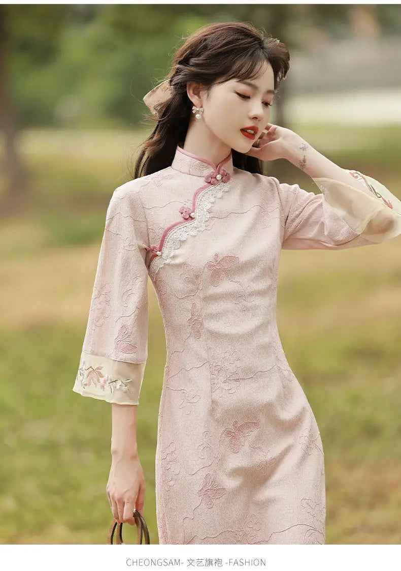 2023 New Pink Cheongsam Embroidery Lace Women Dress Vintage Long Improved Sleeve Chinese Traditional Qipao S To XXL - Seprincess