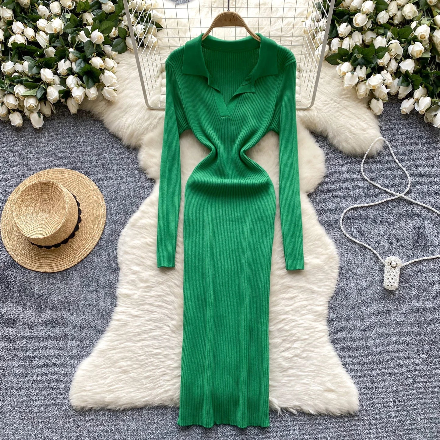 SINGREINY French Vintage Sweater Dress 2024 Ladies Lapel Long Sleeves Autumn Fashion Solid Basics Bodycon Knitted Long Dress - Seprincess