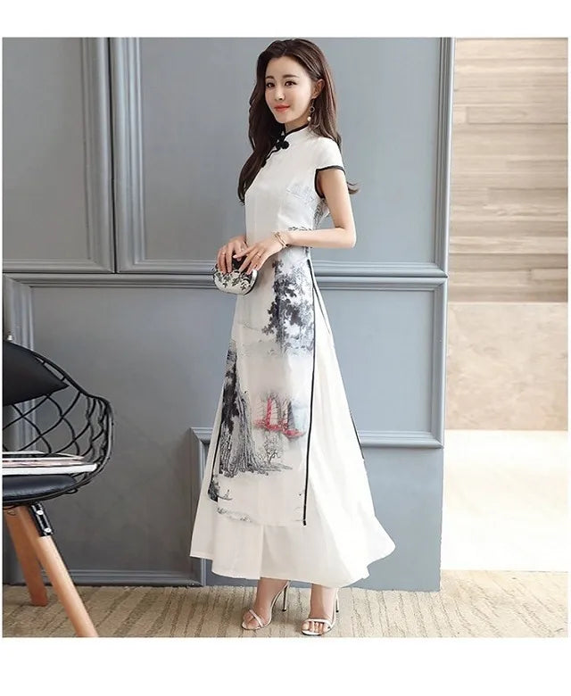 1pcs/lot Summer Elegant Slim Women Painting Cheongsam White Dress Qipao Chiffon Vintage Chinese Style Dress - Seprincess