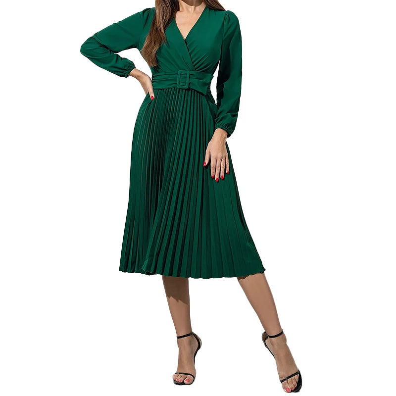 Women's solid color dress dark green V-neck casual slim pleated knee skirt new long sleeve summer and autumn standard code elega - Seprincess