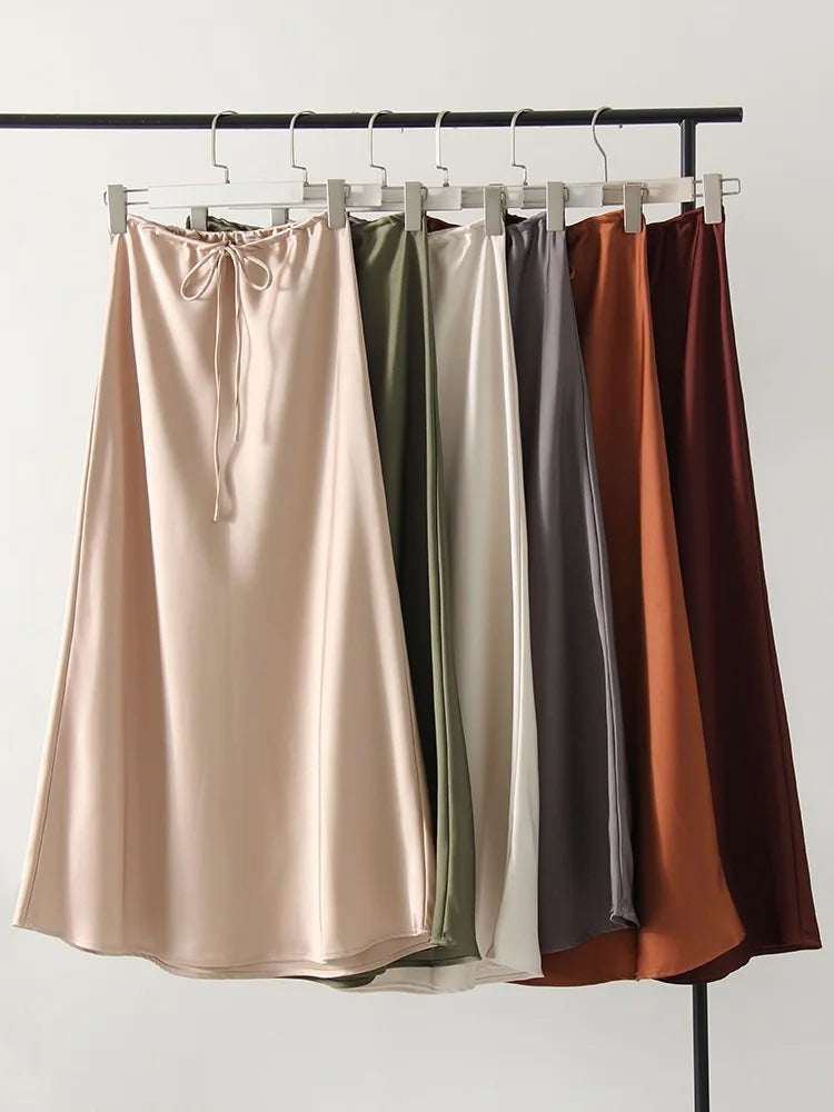 Long Black Satin Skirts For Women 2024 Autumn Winter Maxi Brown Burgundy Skirts Ladies Green Lace Up Women Satin Silk Skirt