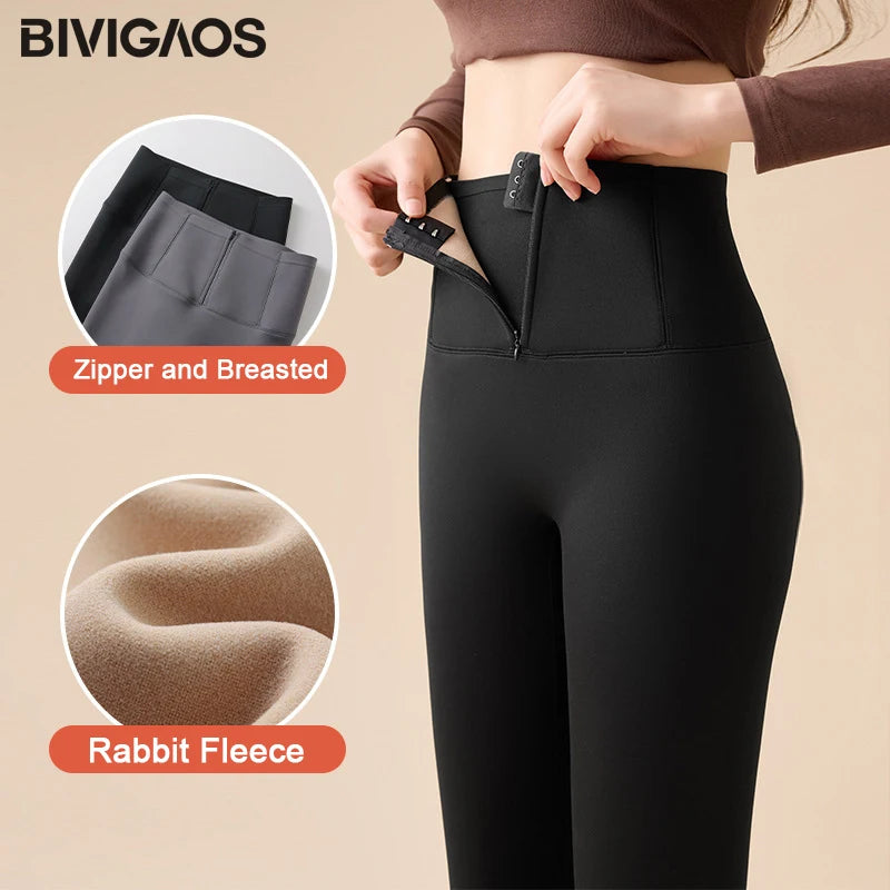 BIVIGAOS Fall Winter Fleece Thick Breasted Zipper Sharkskin Leggings Women's Waist Shaping Tight Sports Leggings Warm Pants