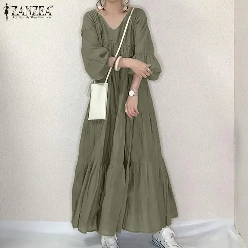 ZANZEA Vintage Ruffle Dress Women's Spring Sundress Casual Puff Sleeve Maxi Vestidos Female V Neck Robe Elegant Long Dresses - Seprincess