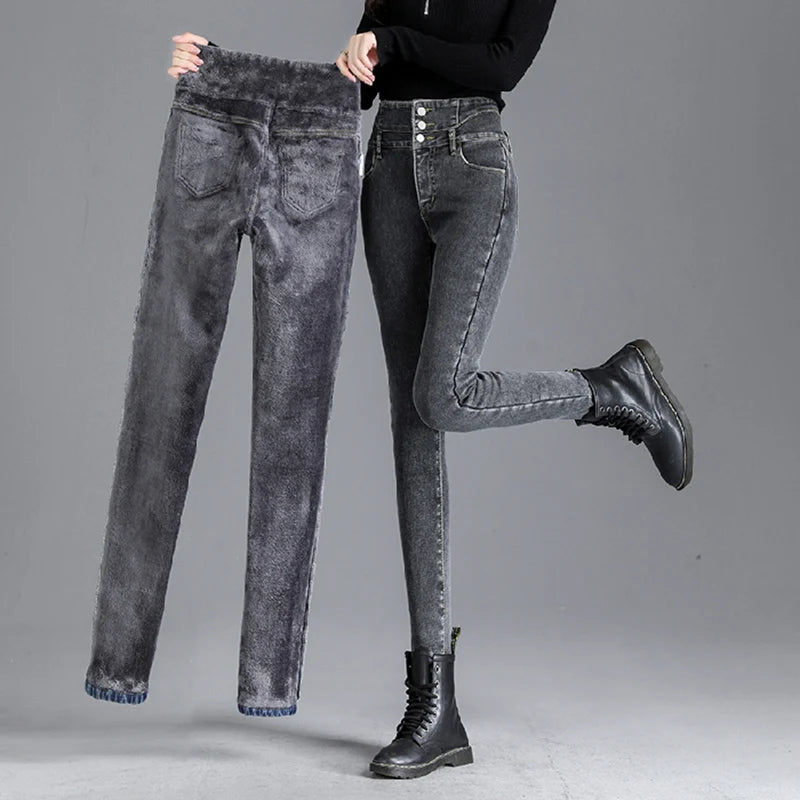 Winter Women Thick Velvet High Waist Skinny Jeans Simple Warm Fleece Slim Fit Stretch Trousers Casual Ladies Denim Pencil Pants