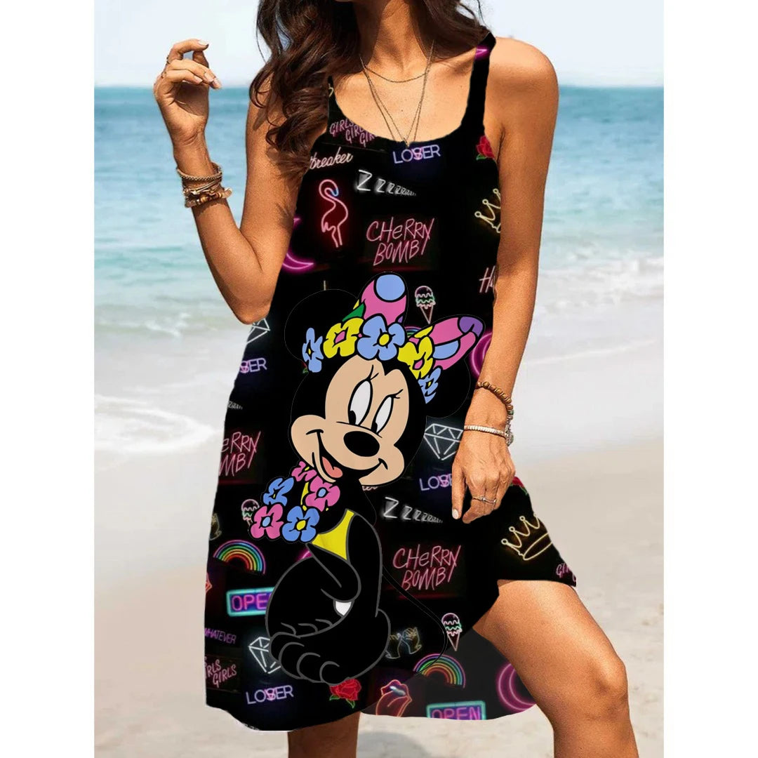 Women's Summer Casual Swinging Strap Beach Dress Disney Mickey Mouse Print Plus Size Loose Sexy Open Back Dress - Seprincess