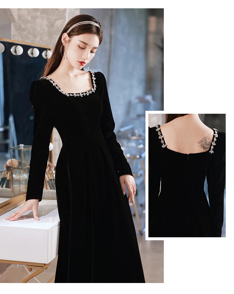 Black Evening Dresses Long Sleeve Square Collar Elegant Velvet Dress Beading Crystal Formal Gowns 2023 New Vestido - Seprincess