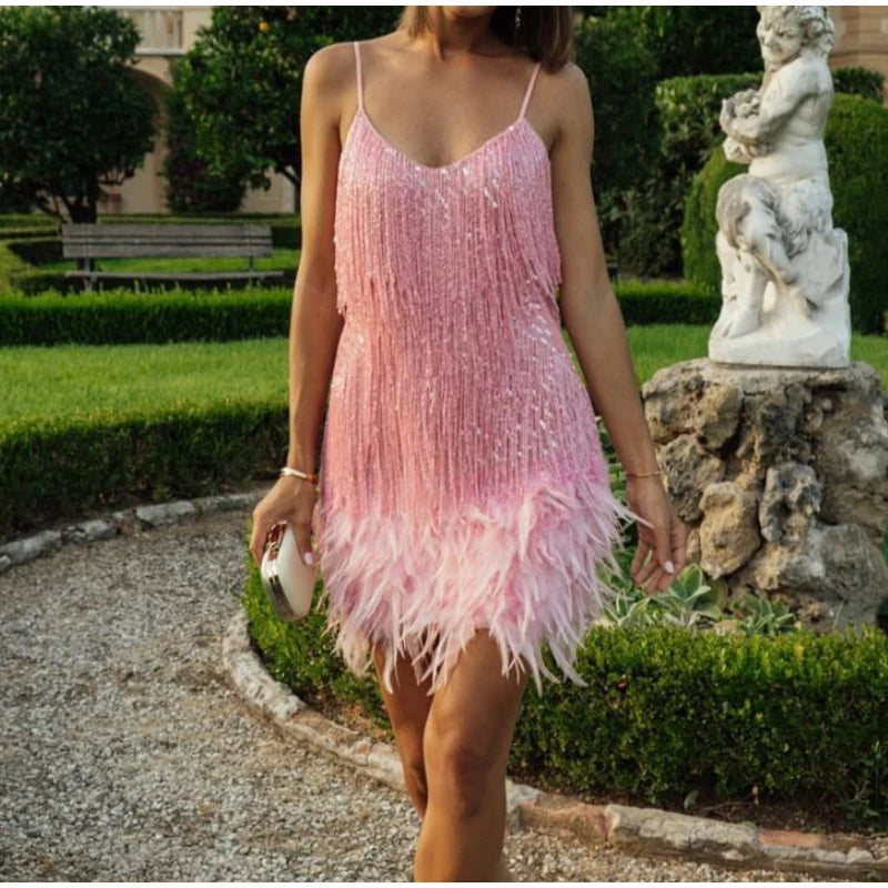 2024 Sexy Women's Fringed Sequin Feather Stitching Dress Summer Slim V-Neck Off Shoulder Dresses Female Backless Slip Mini Robe - Seprincess