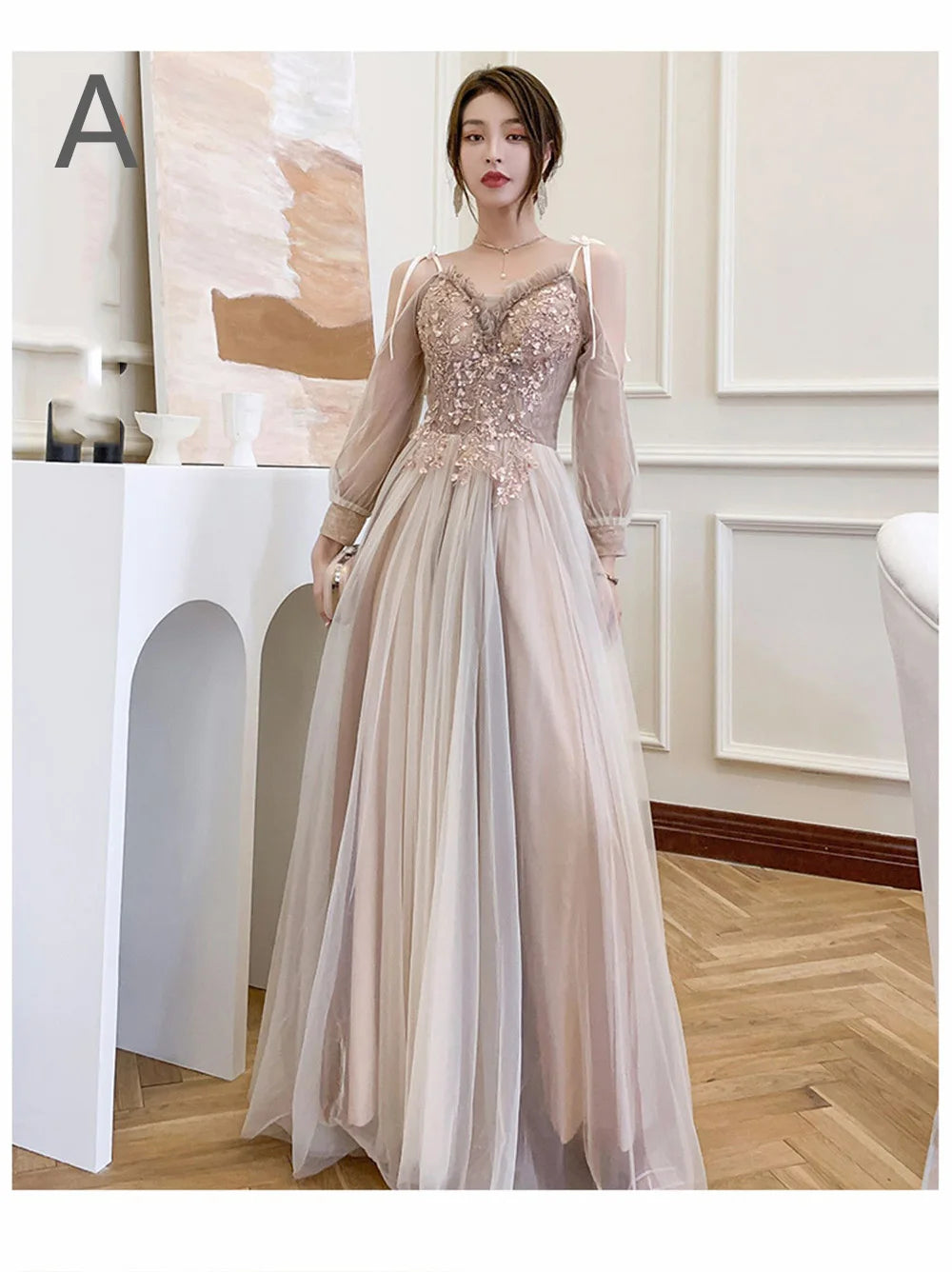 4 styles Champagne Pink Bridesmaid Dress Women's Elegant Off Shoulder Ruffles Sleeves Gown Sequins Flower Applique Vestido - Seprincess