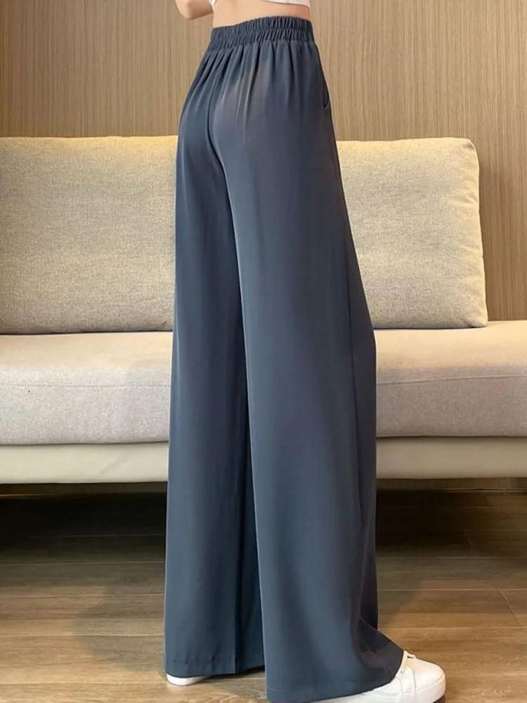 Women Formal Loose Thicken Straight Suit Pants Winter Warm Elastic High Waist Velvet Lined Wide Leg Pantalones Chic Solid Calca