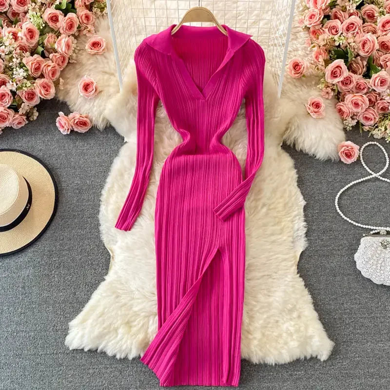 YuooMuoo Chic Fashion Sexy Wrap Hips Split Knitted Autumn Dress Women V-neck Slim Elastic Bodycon Long Dress Streetwear Outfits - Seprincess