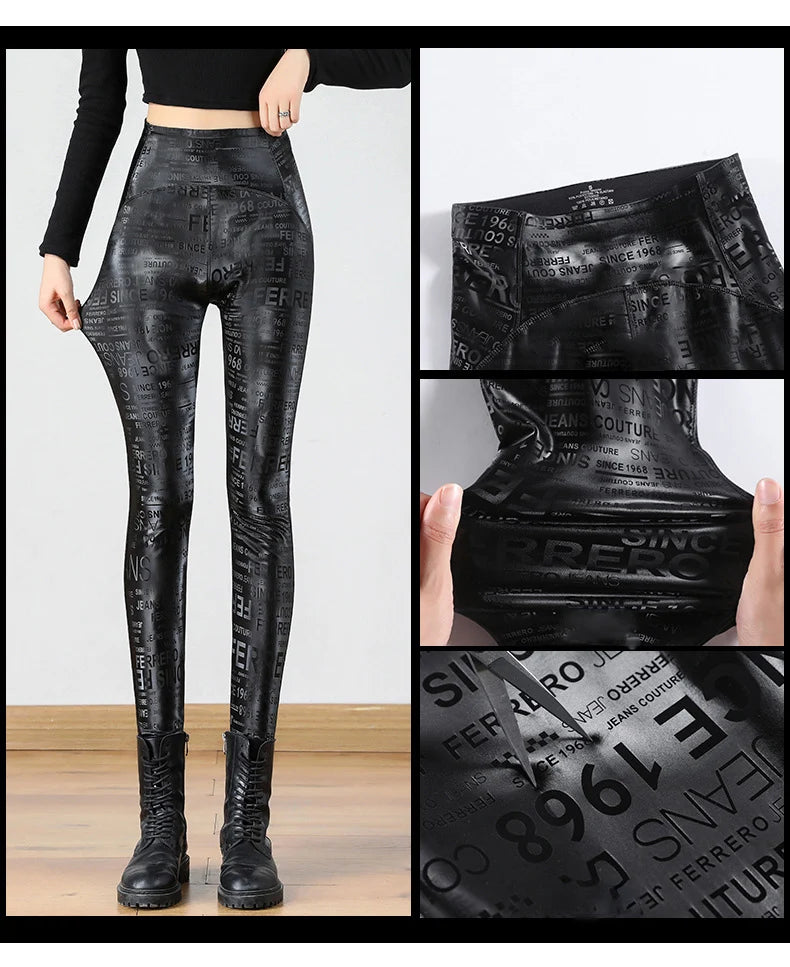 Autumn Winter Women Fleece Matte Leather Leggings High Quality Sheepskin High Waist Elastic PU Leather Pants Slim Sexy Leggings